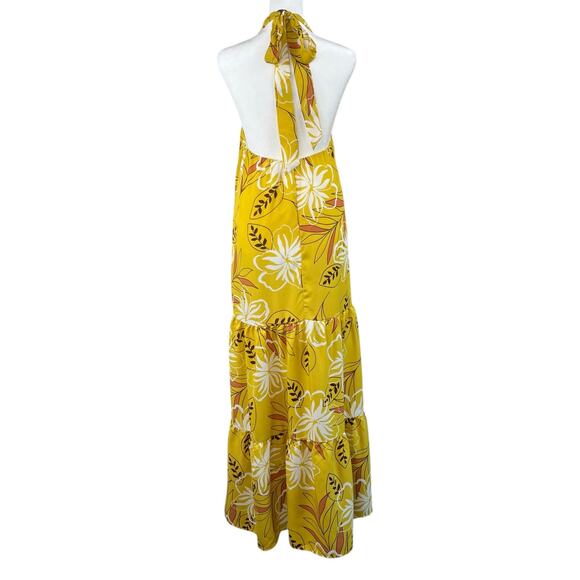 Mustard Yellow Boho Floral Backless Halter Tie Tiered Maxi Sundress Small New - Picture 4 of 14